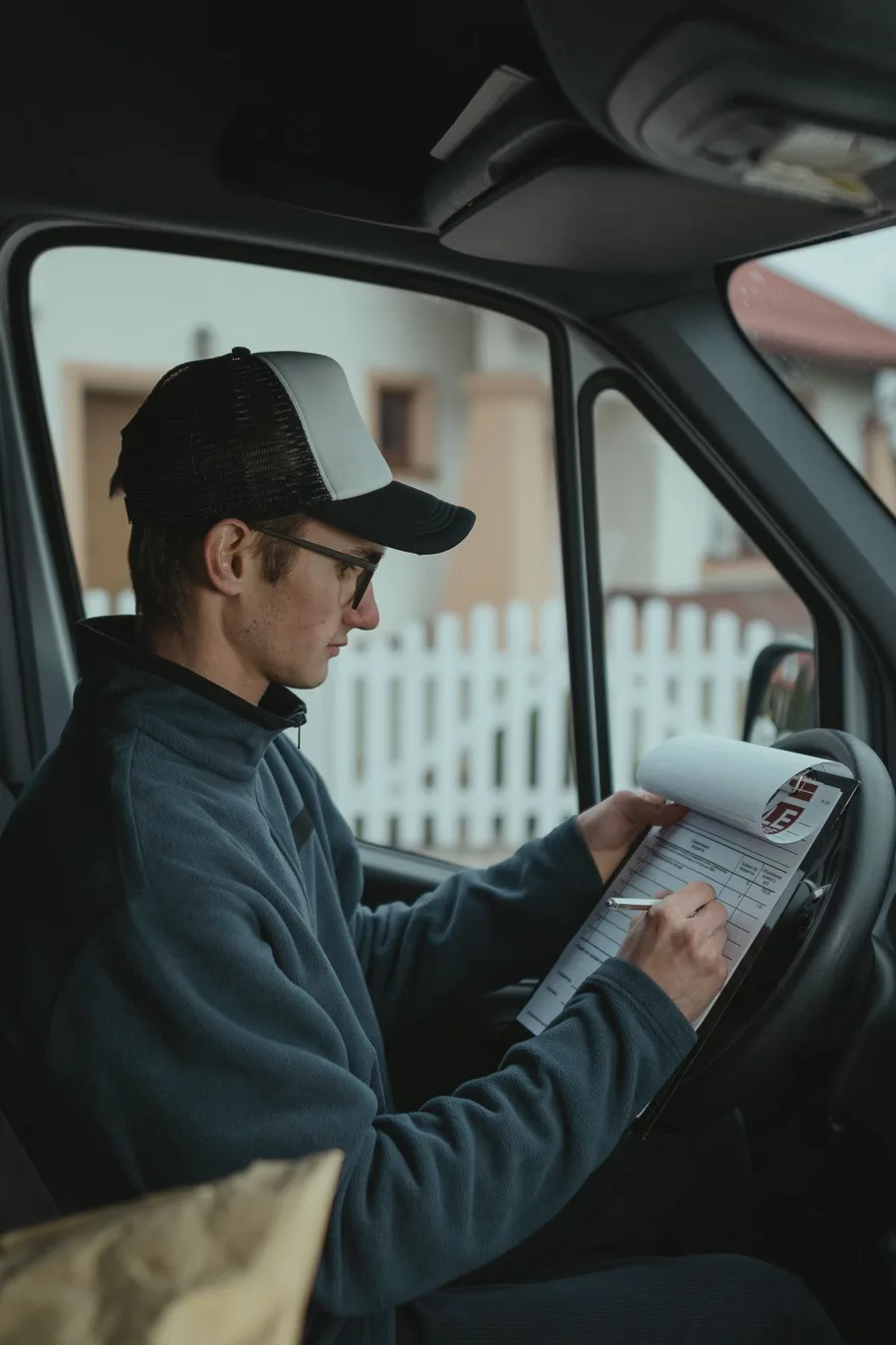 Driver checking paperwork inside a delivery vehicle.